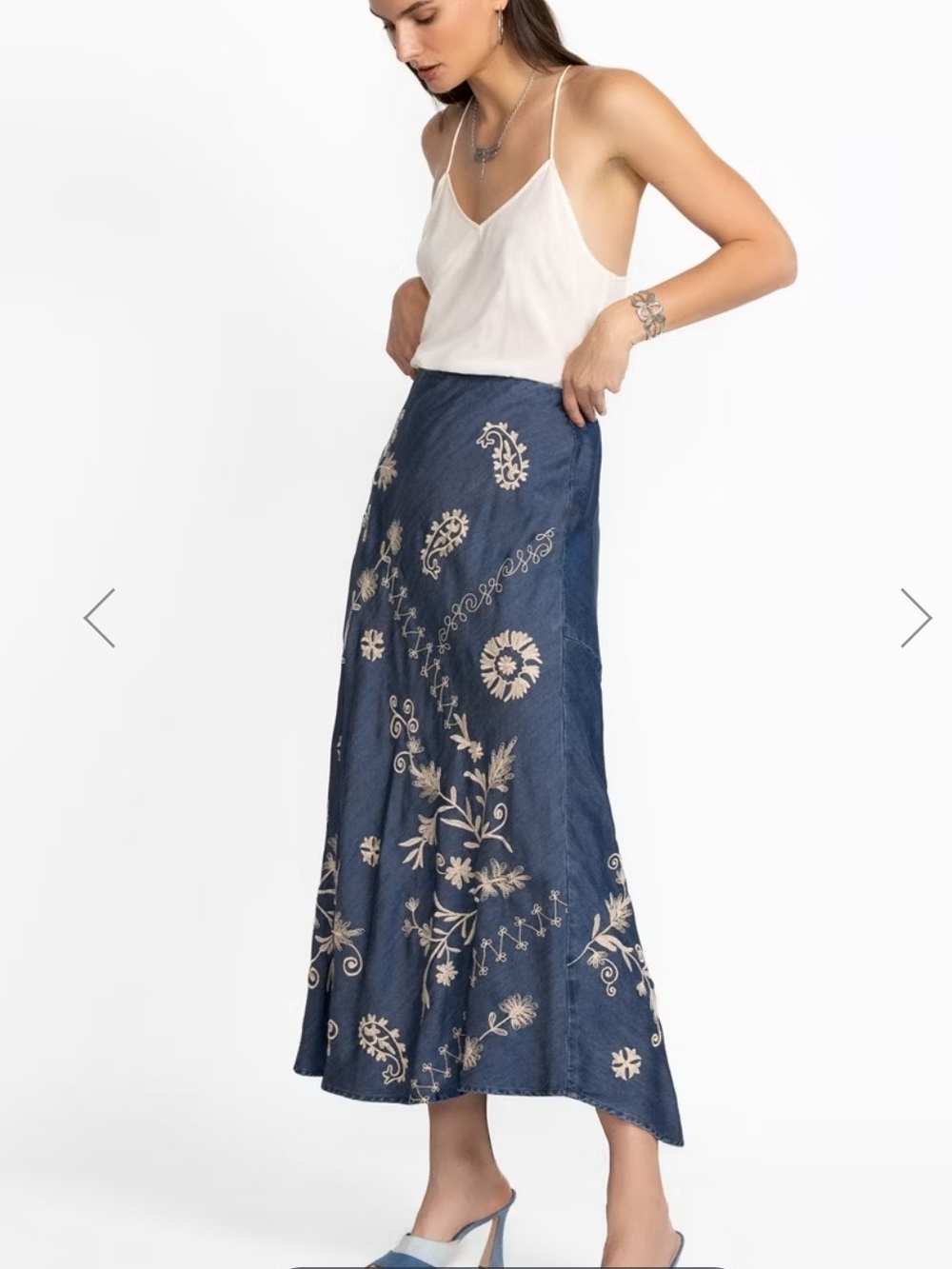 Johnny Was Indigo Denim Maxi Skirt with Cream Embroidery